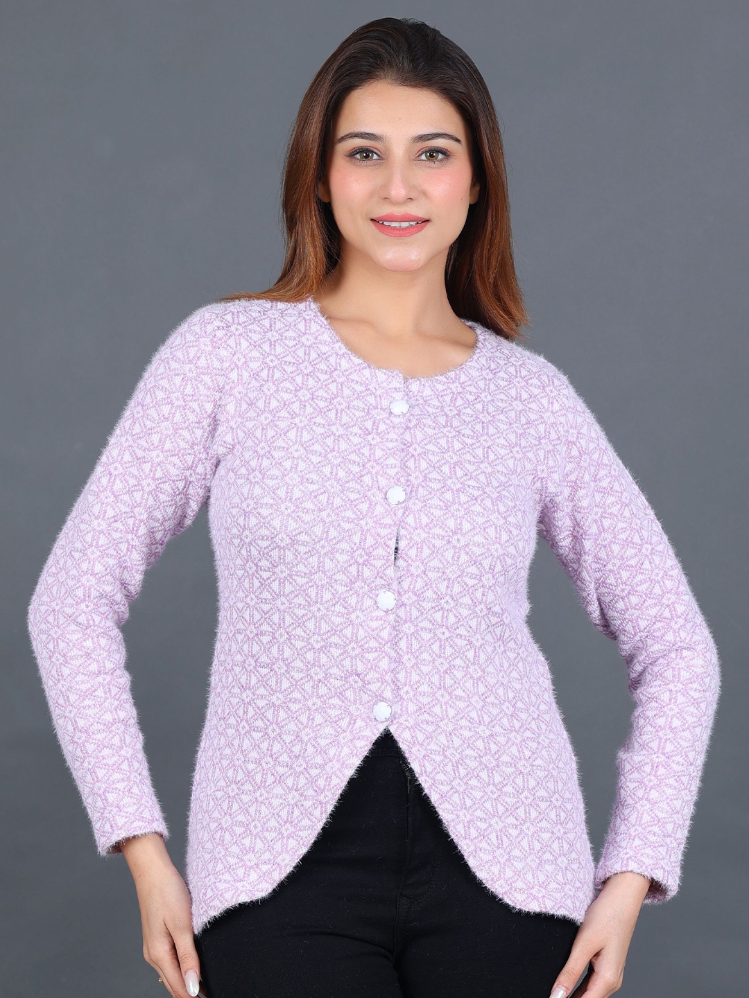 

Dadu Dayal Women Self Design Woollen Cardigan Sweaters, Purple