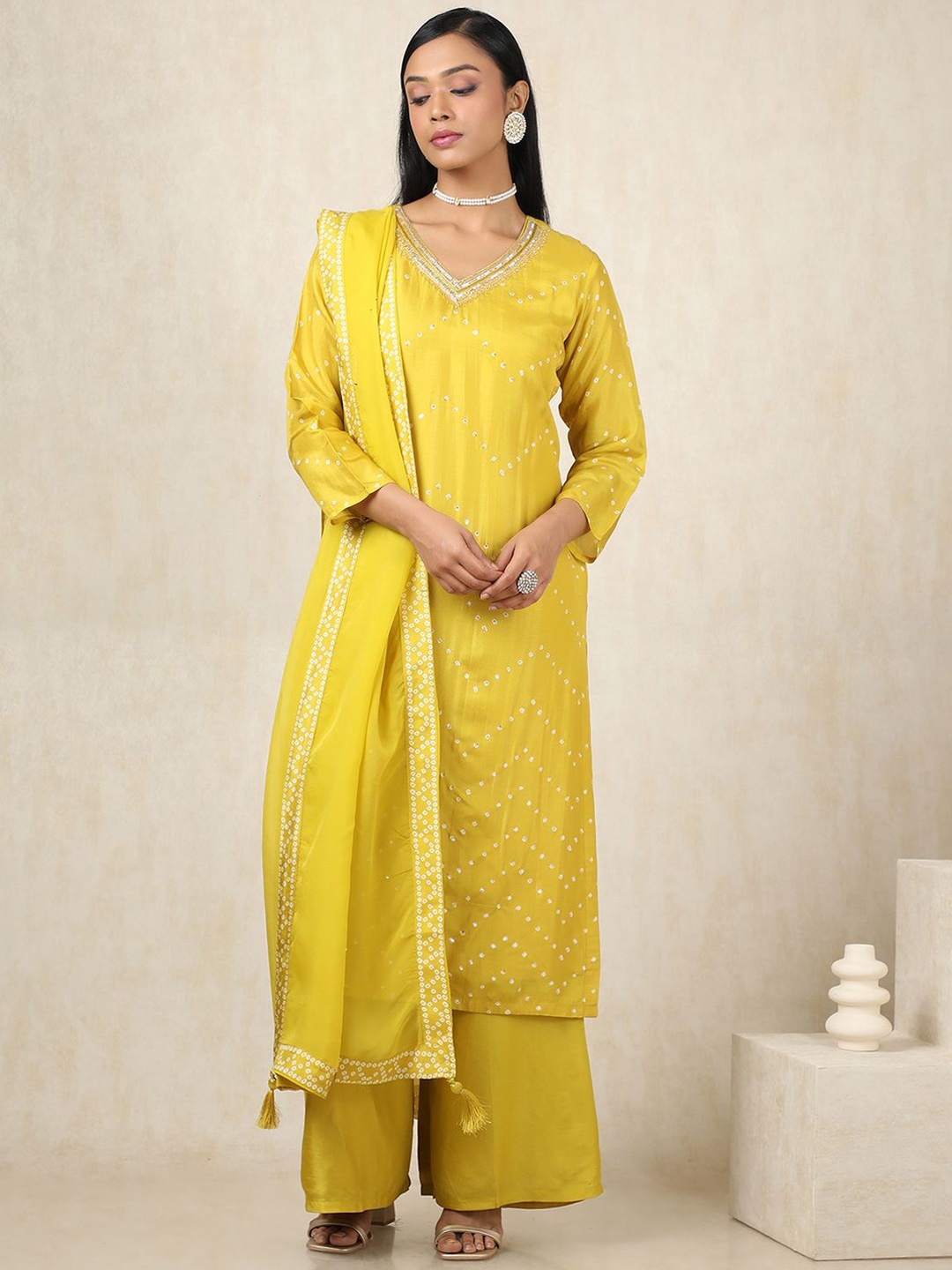 

Soch Ethnic Motifs Printed Beads And Stones V-Neck Straight Kurta With Palazzos & Dupatta, Mustard