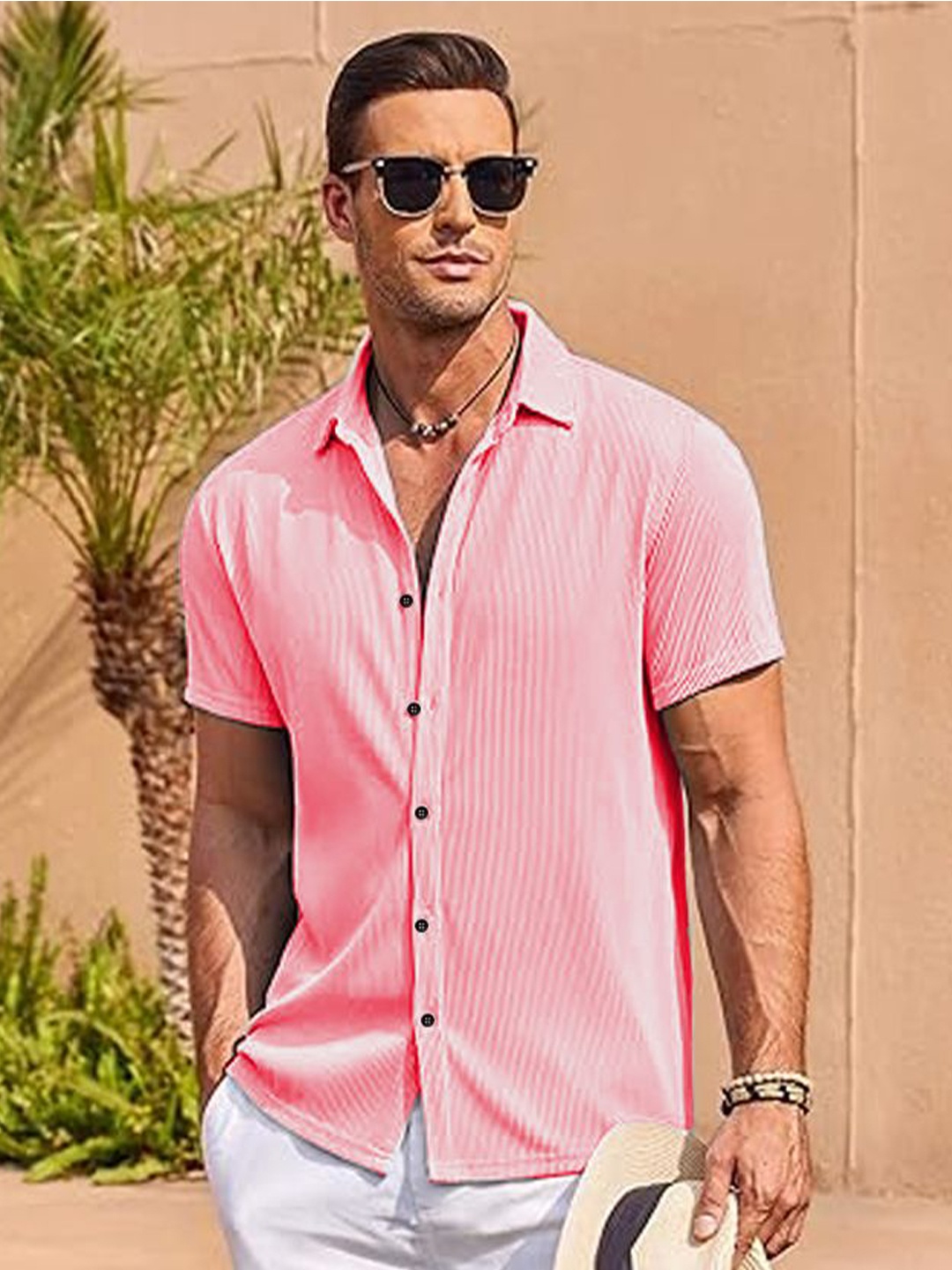 

Metronaut Men Regular Fit Spread Collar Textured Casual Shirt, Pink