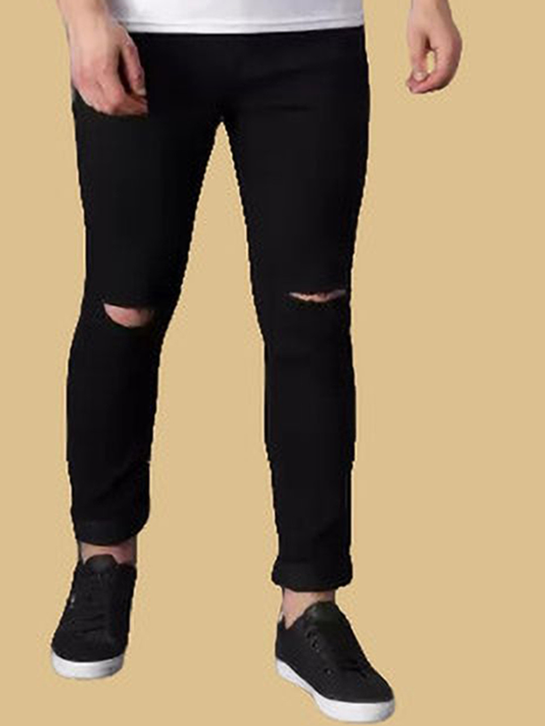

LINARIA Men Classic Cotton Slim Fit Slash Knee Jeans, Black