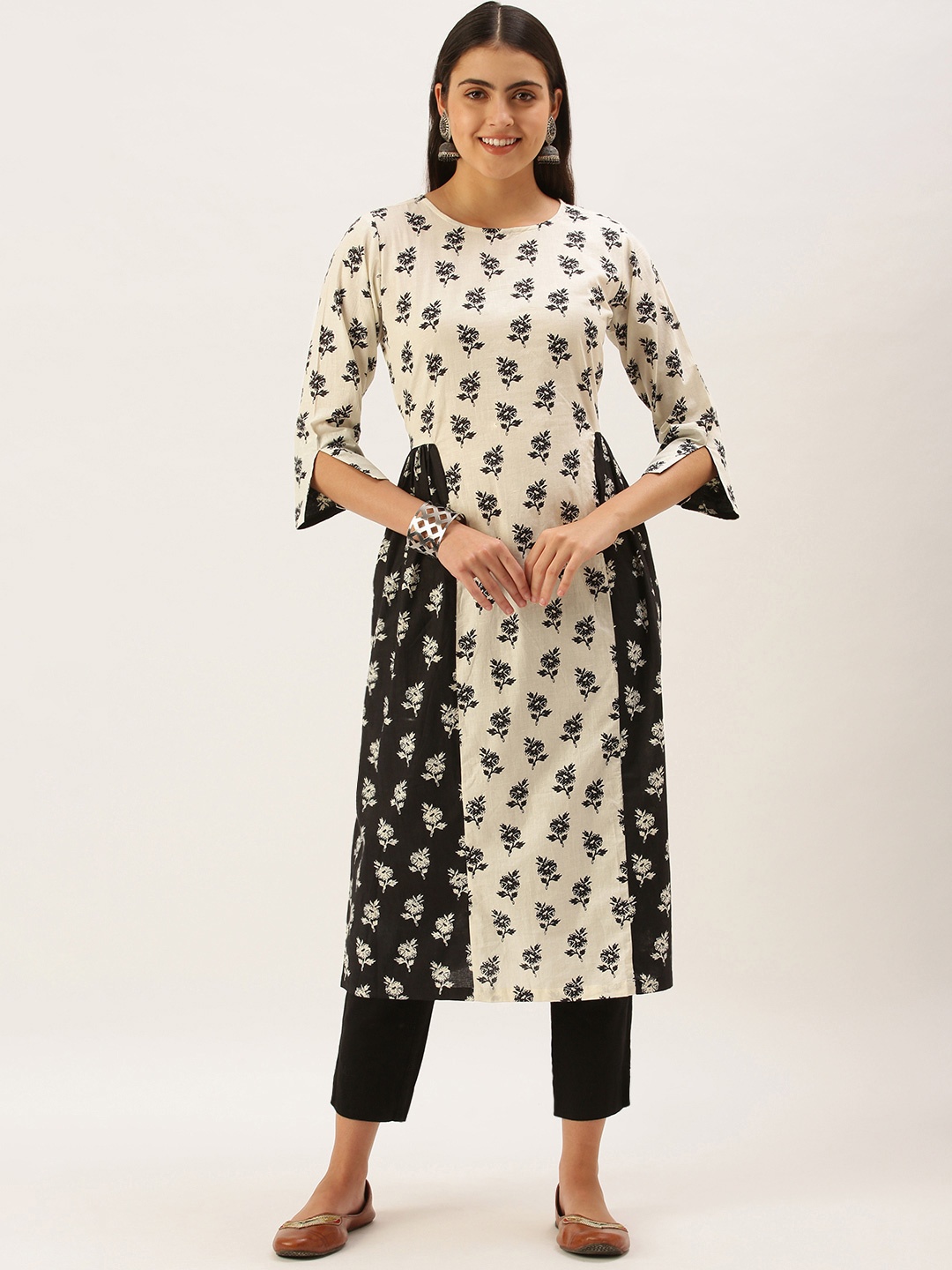 

Fourleaf Floral Printed Cotton A-Line Kurta, Off white