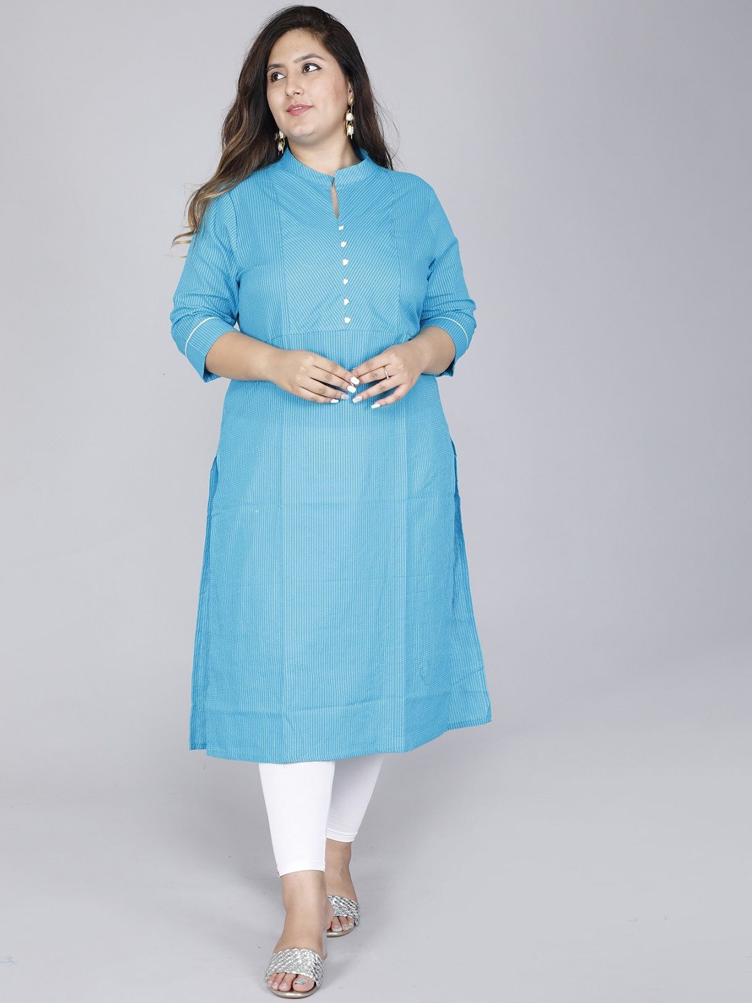 

Gs Fashions Plus Size Striped Mandarin Collar Straight Pure Cotton Kurta, Turquoise blue