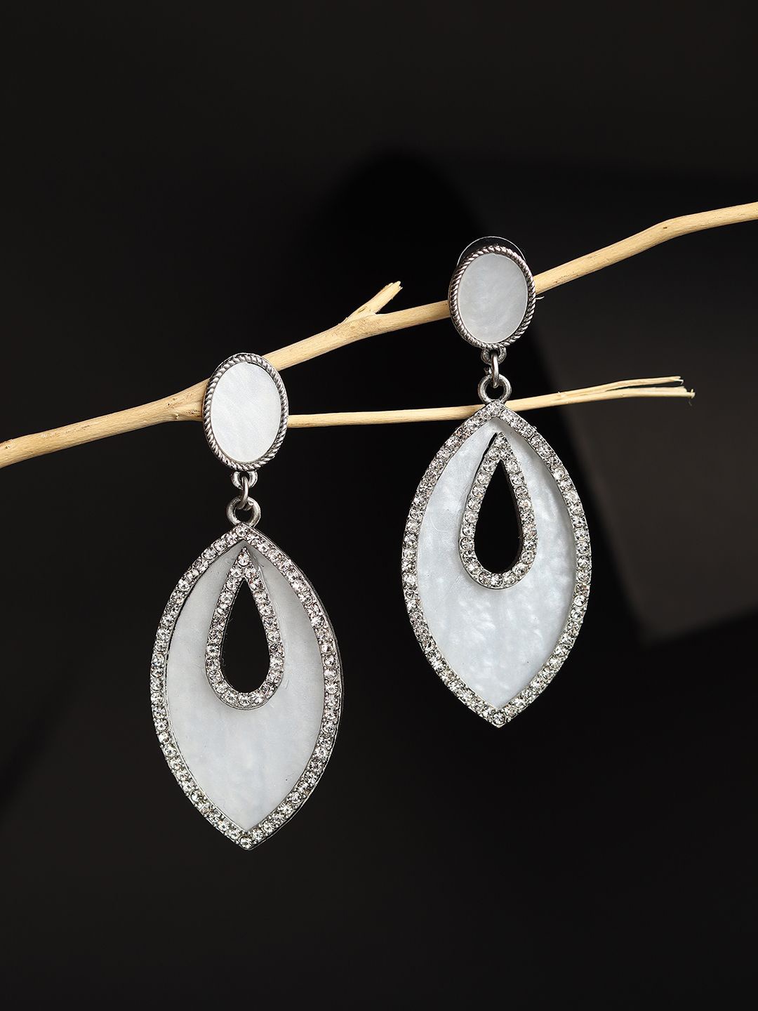 

RHOSYN Silver-Plated Artificial Stones Studded Leaf Shaped Drop Earrings