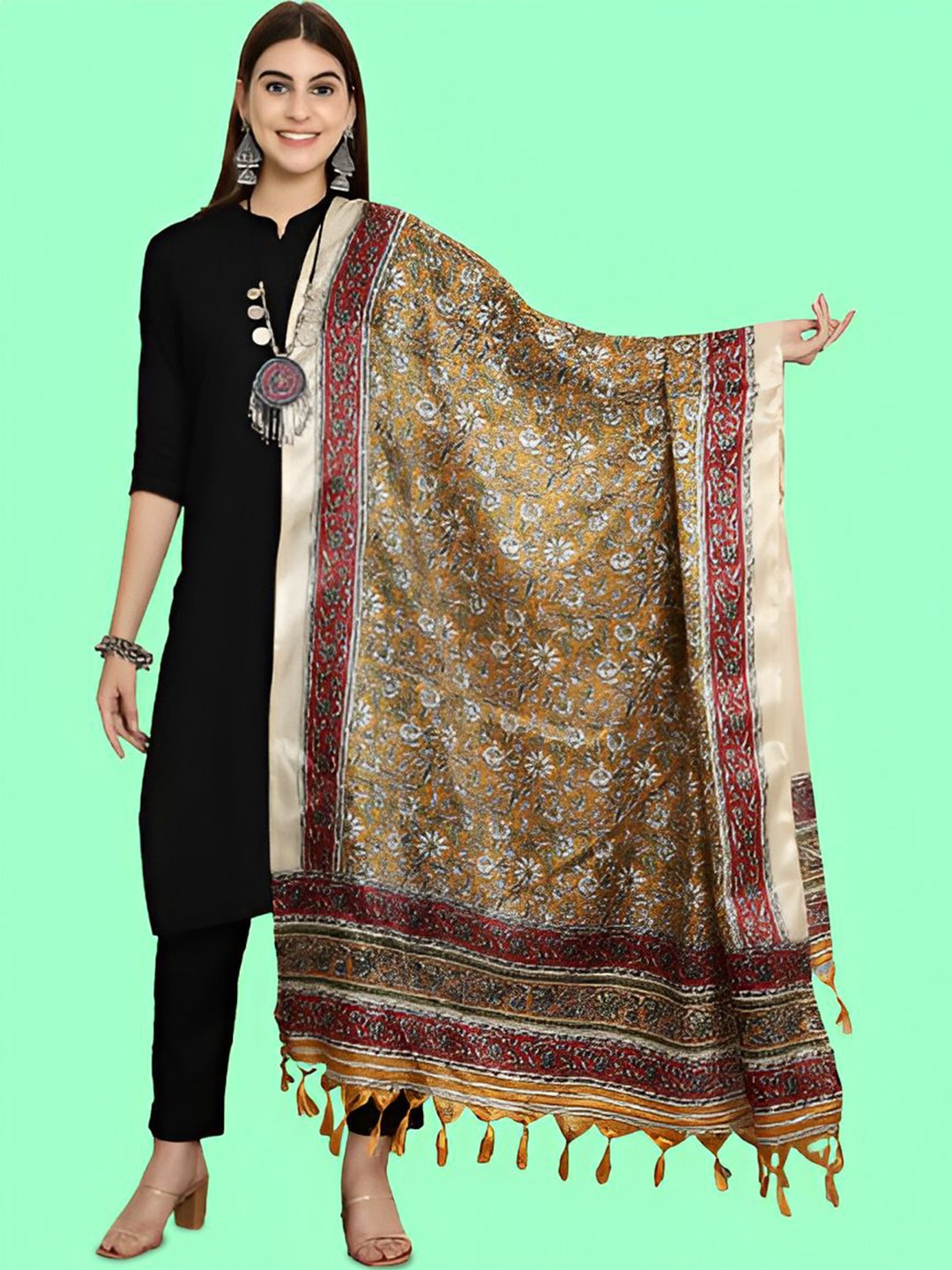 

LOOM LEGACY Floral Kalamkari Printed Art Silk Dupatta, Mustard