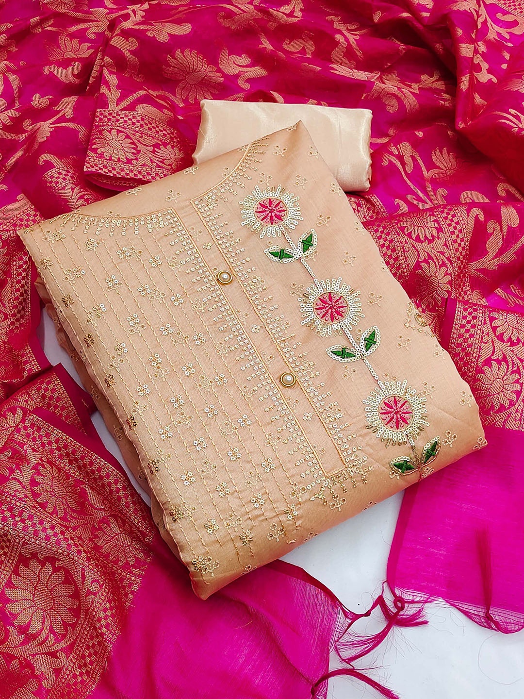 

HERE&NOW Floral Embroidered Zari Chanderi Cotton Unstitched Dress Material, Beige