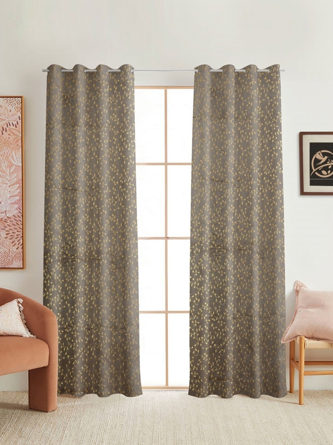 

Galaxy Home Decor Grey 2 Pieces Floral Printed Room Darkening Window Curtain