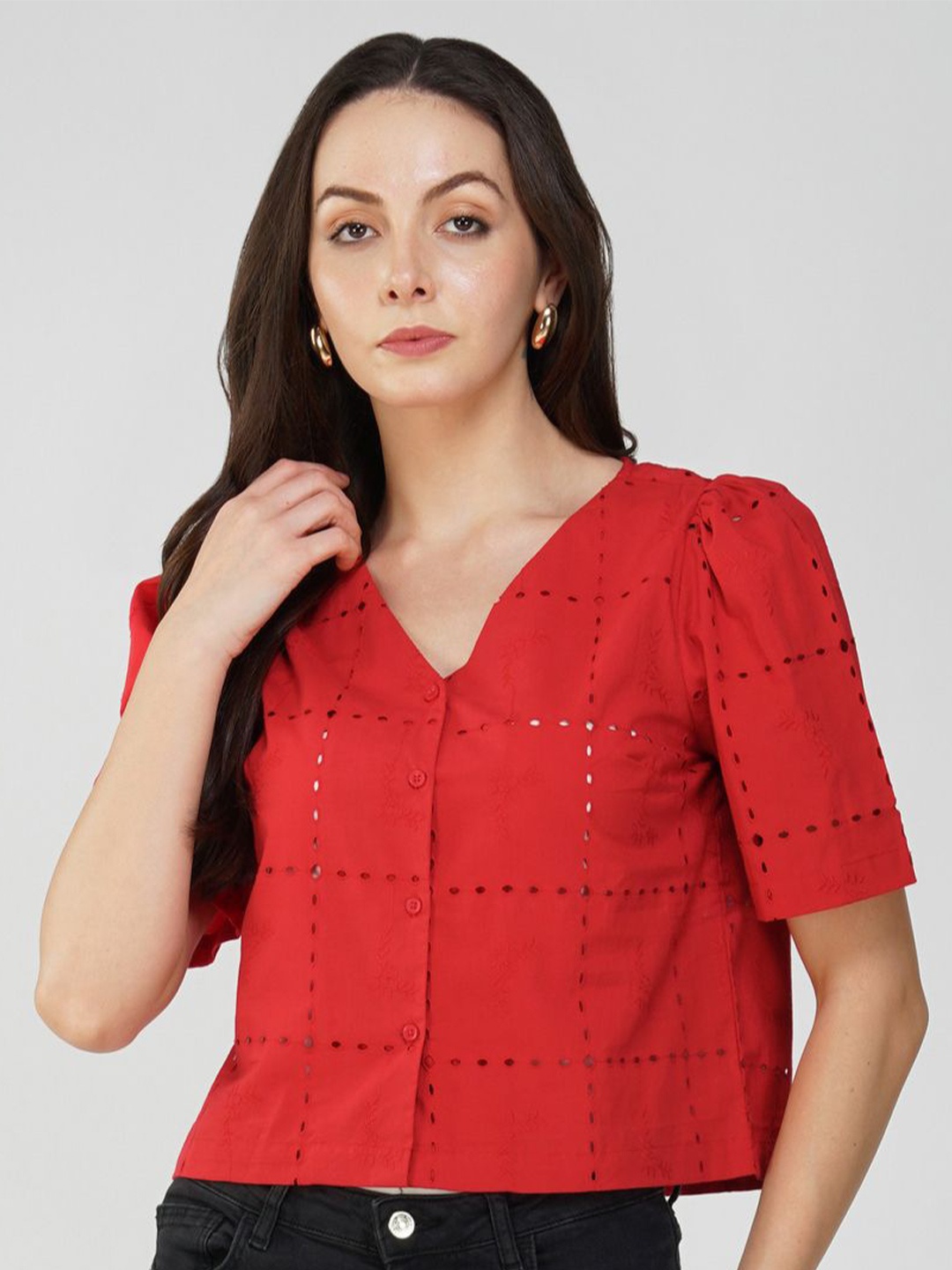 

Avor Lifestyle Women Self Design Pure Cotton Shirt Style Crop Top, Red