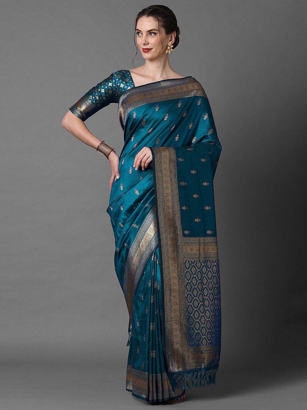 

SILKWEAR Ethnic Motifs Zari Pure Silk Banarasi Saree, Teal