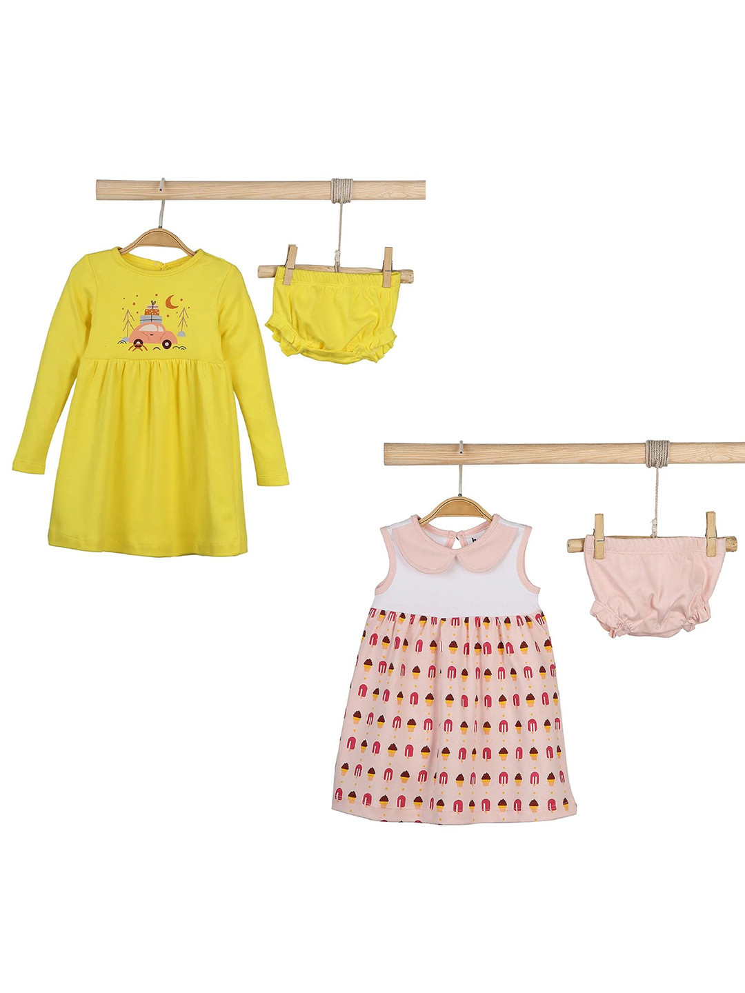 

BONTOTS Girls Pack Of 2 Cotton Floral Printed A-Line Dress, Yellow