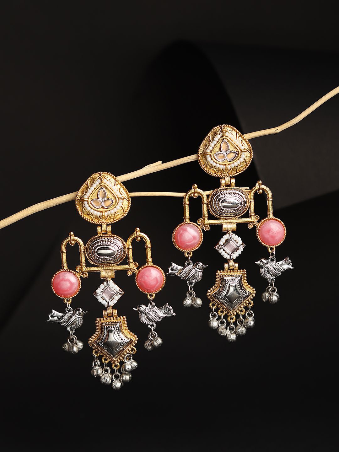 

RHOSYN German Silver Gold-Plated Artificial Stones Studded & Beaded Drop Earrings