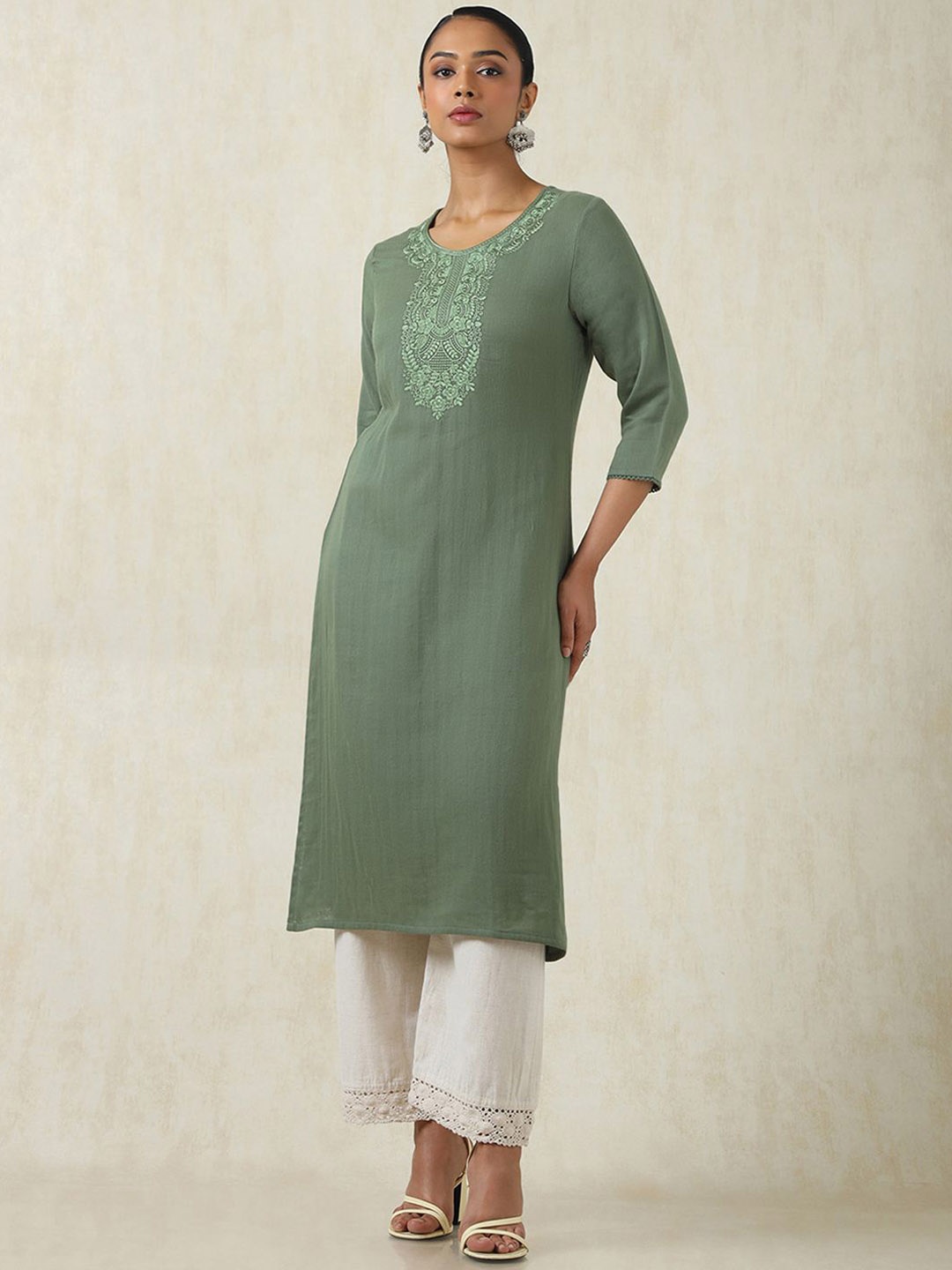 

Soch Floral Yoke Design Round Neck Embroidered Cotton Straight Kurta, Olive