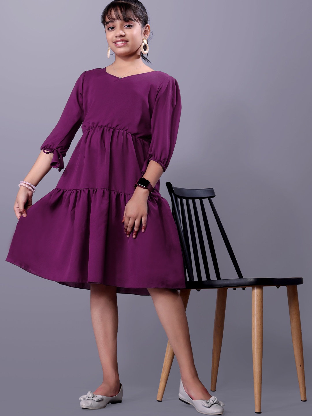 

Aarya Designer Girl Puff Sleeve Fit And Flare Midi Dress, Purple