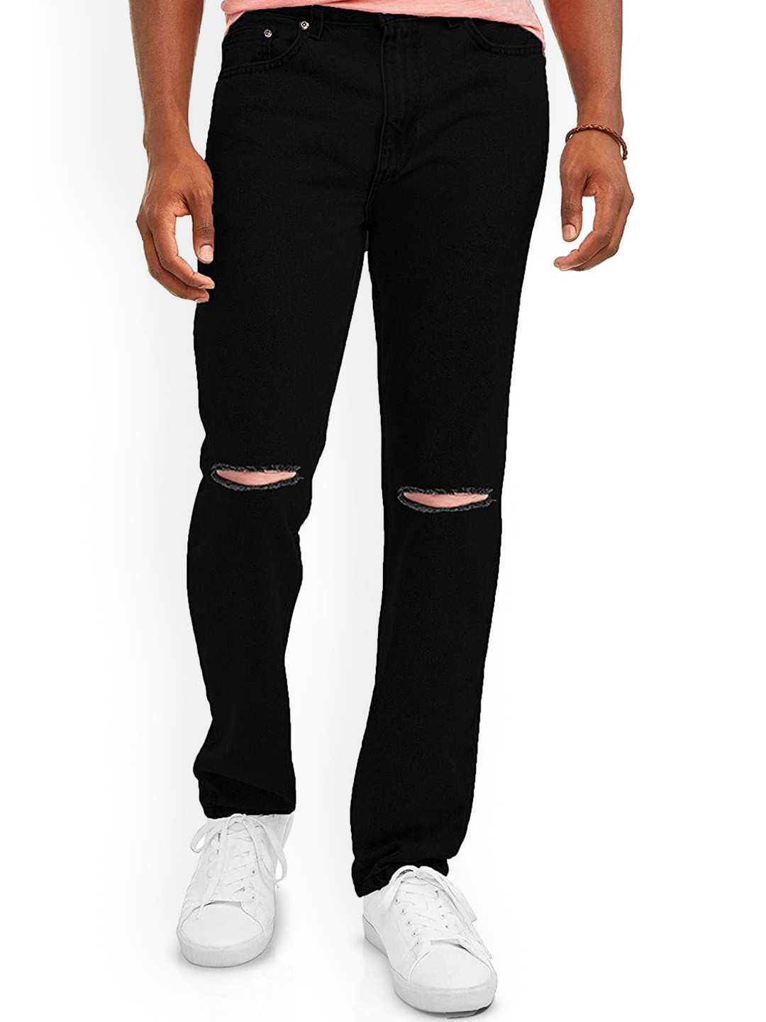 

LINARIA Men Classic Slim Fit Slash Knee Jeans, Black