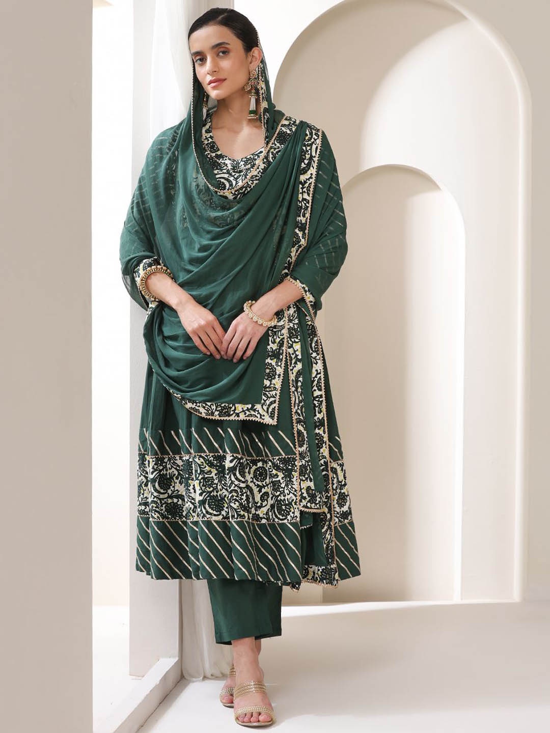 

Khushal K Floral Yoke Design V-Neck Pleated Anarkali Kurta With Palazzos & Dupatta, Green