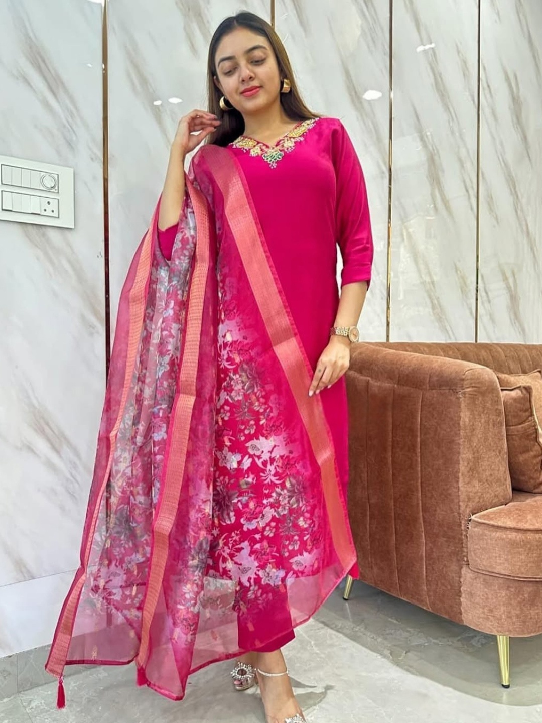

KALINI Floral Straight Sequinned Raw Silk Kurta With Trousers And Dupatta, Pink