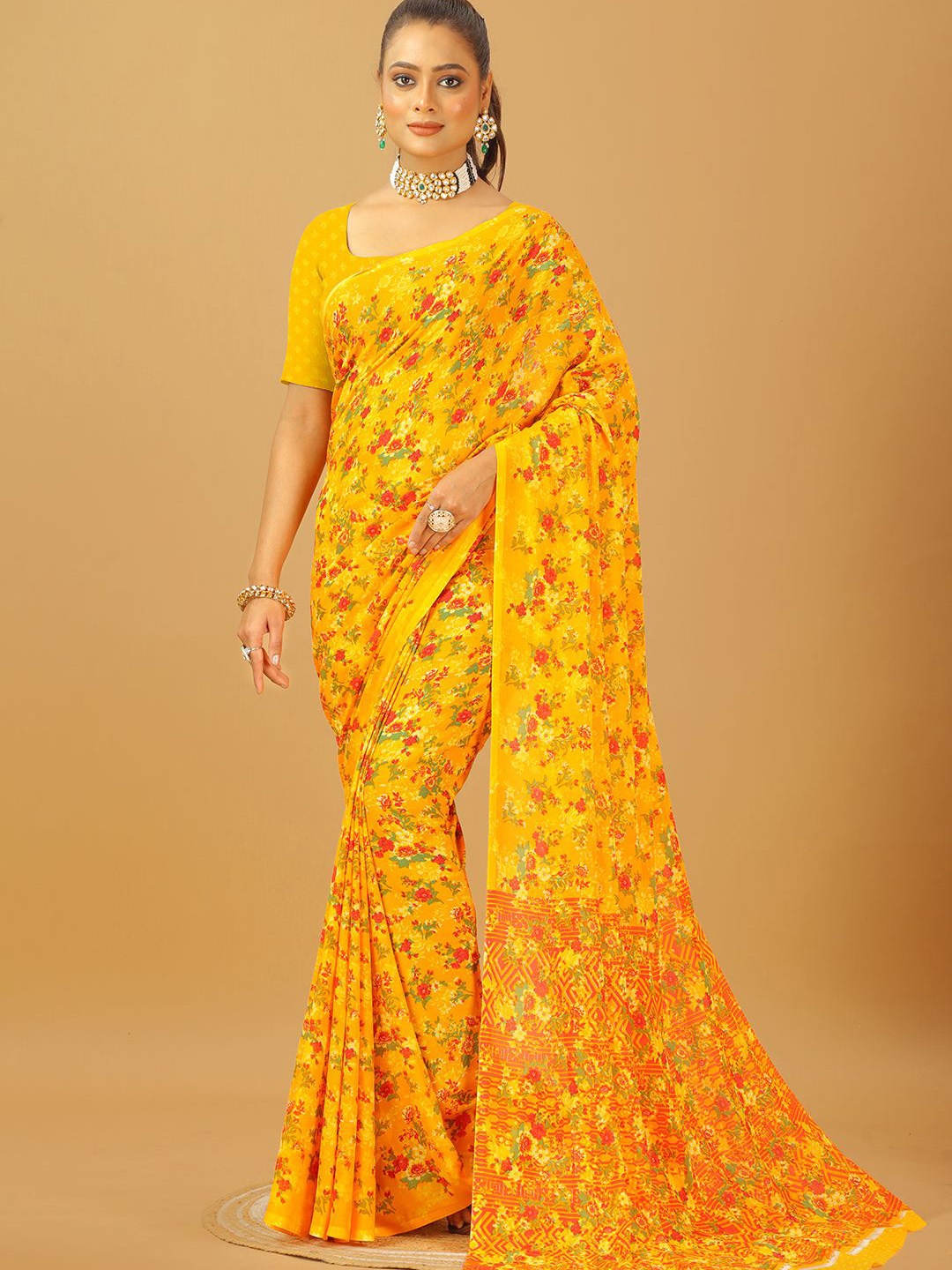 

VIRENDRA TEXTILES Floral Pure Georgette Saree, Yellow