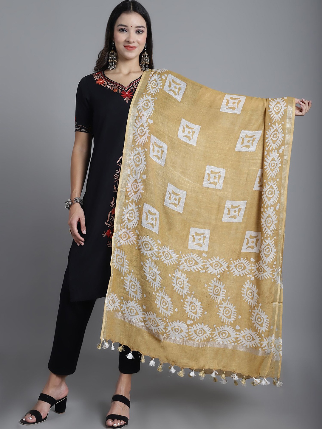 

LOOM LEGACY Floral Block Printed Cotton Silk Dupatta, Mustard