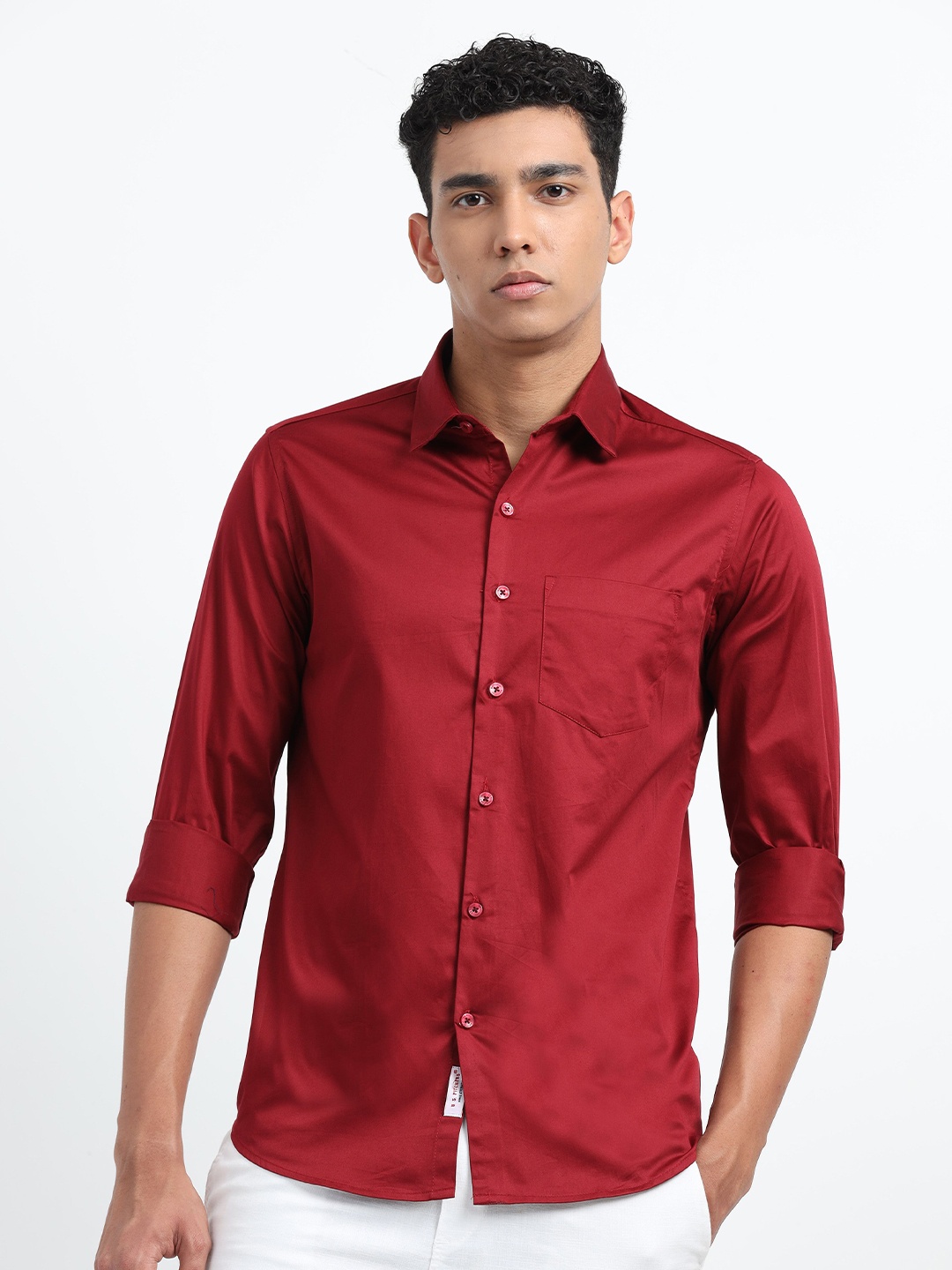 

U.S. PITCHERS Men Smart Slim Fit Spread Collar Solid Satin Casual Shirt, Red