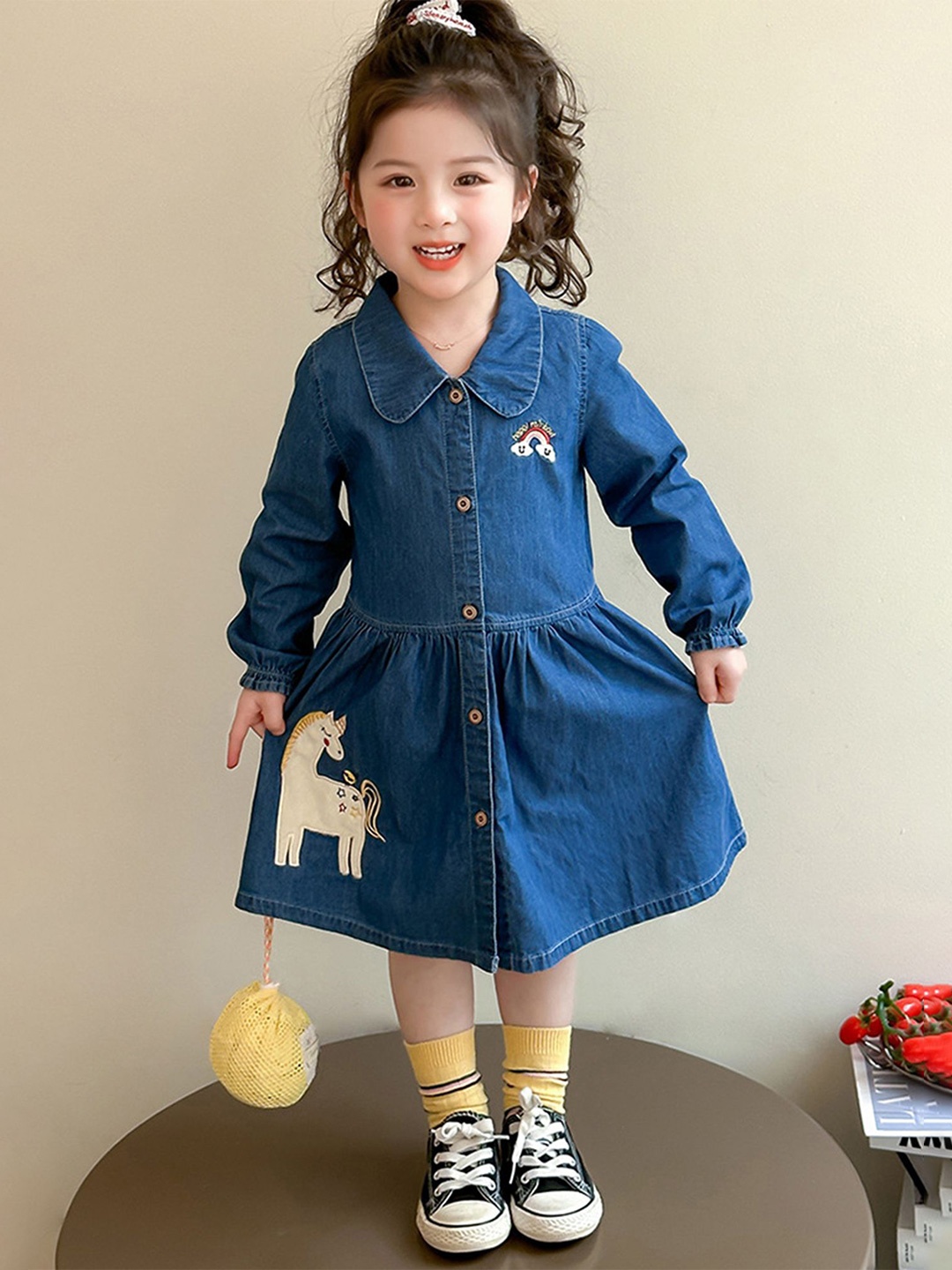 

LULU & SKY Girls Unicorn Applique Indigo Shirt Dress, Blue