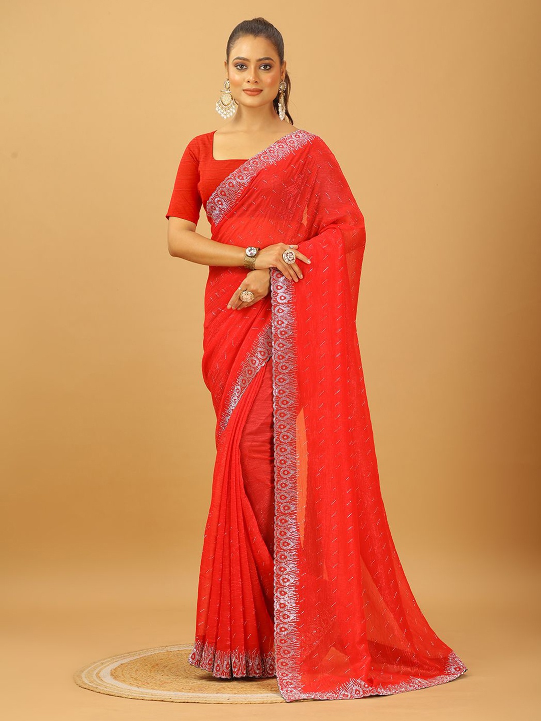 

VIRENDRA TEXTILES Embellished Pure Georgette Saree, Red