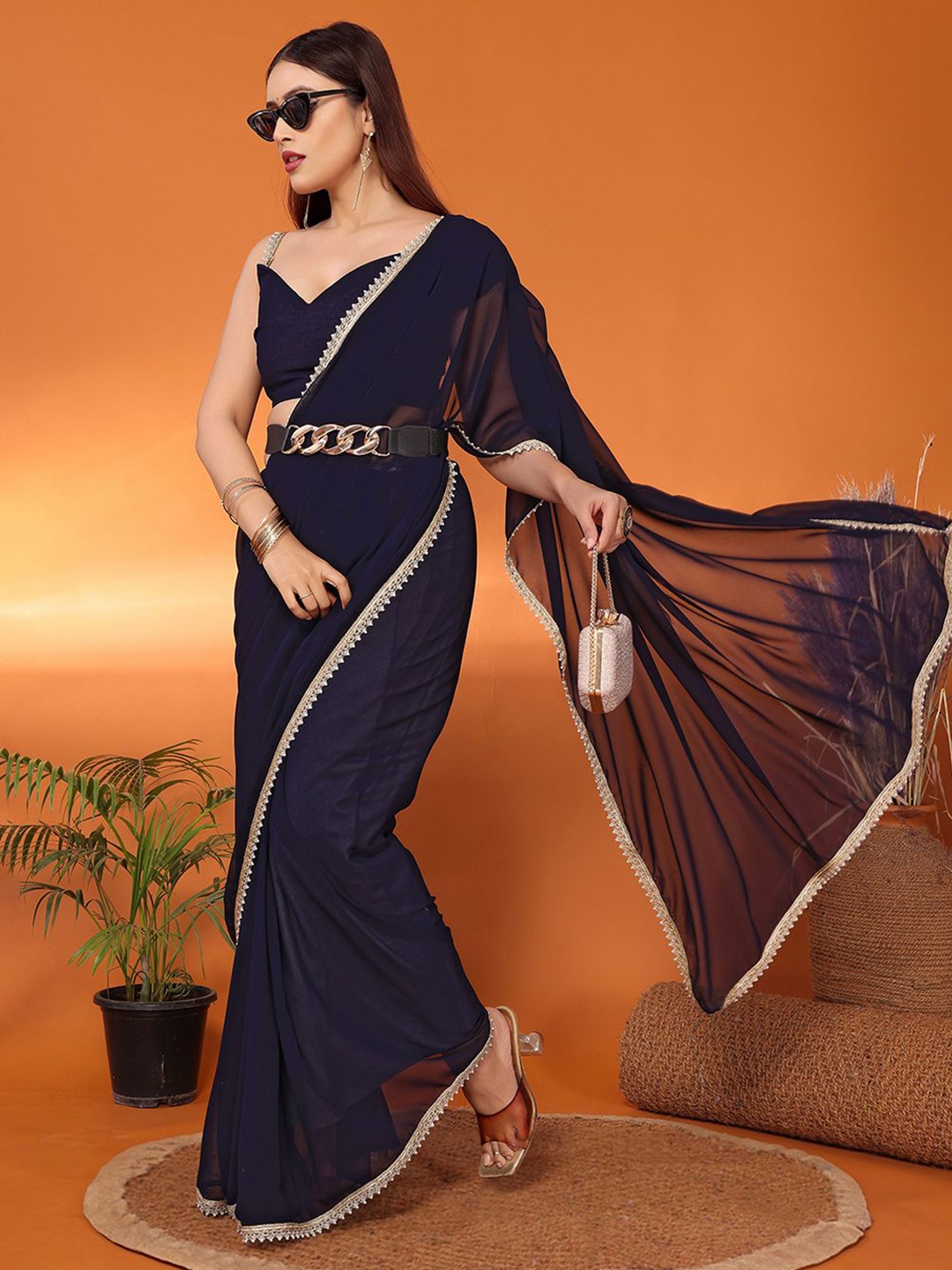 

FABMORA Beads and Stones Pure Georgette Saree, Navy blue