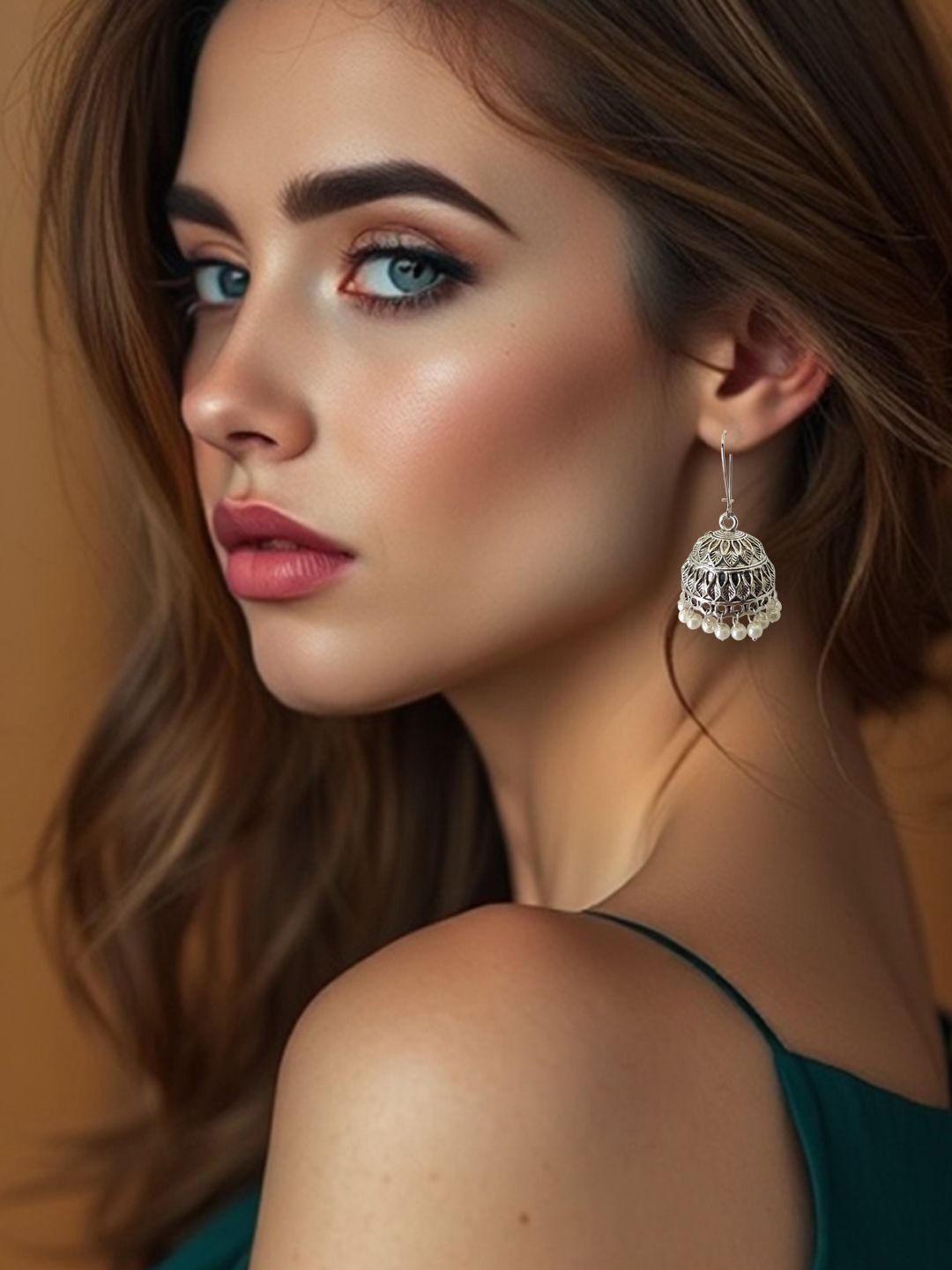 

HOPMEE Silver-Plated Pearls Beaded Classic Shaped Oxidised Jhumkas