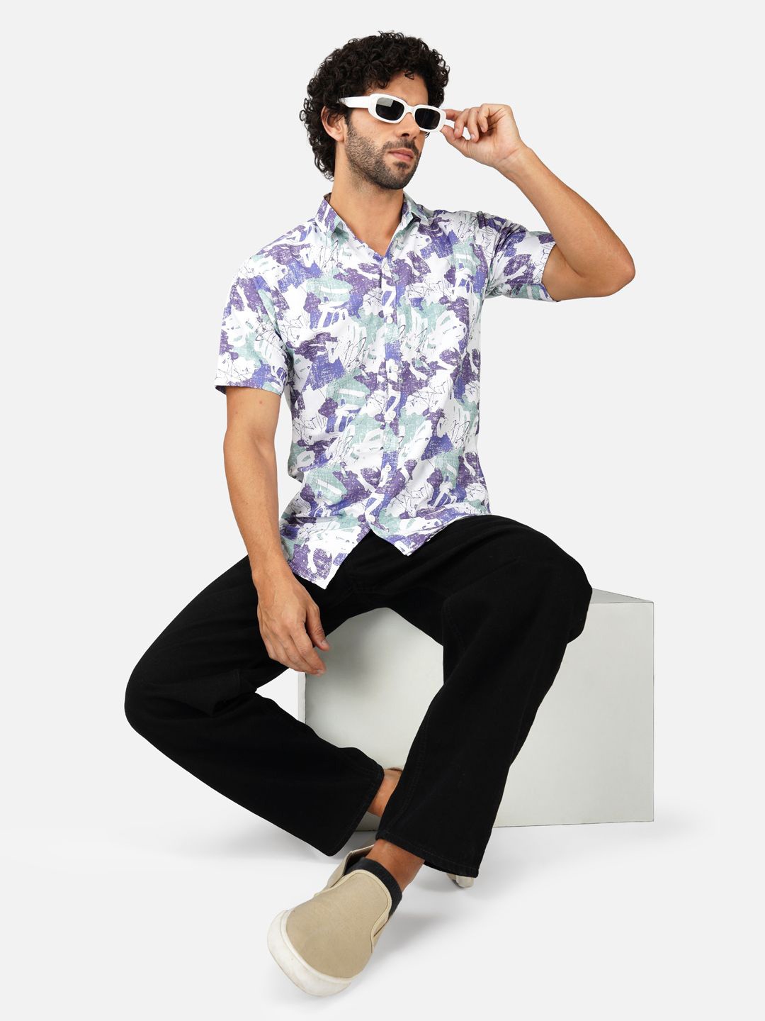 

BASE 41 Men Spread Collar Abstract Printed Casual Shirt, White