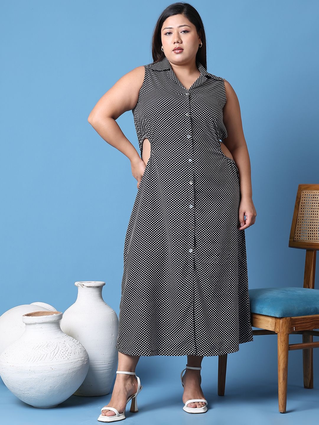 

theRebelinme Women Print Shirt Collar Sleeveless Cut-Outs Shirt Midi Dress, Black