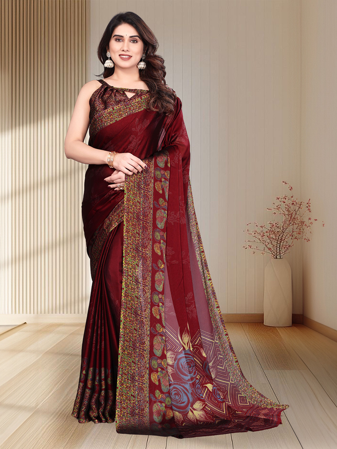 

MAGNEITTA Floral Printed Pure Chiffon Saree, Maroon