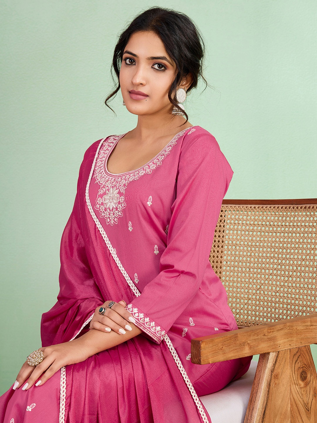 

SUAAC Floral Embroidered Thread Work Straight Kurta With Trouser And Dupatta, Pink