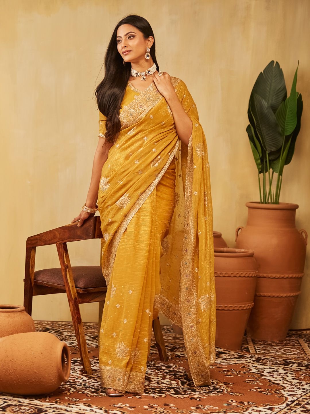 

kasee Embellished Emboridered Pure Chiffon Saree, Mustard