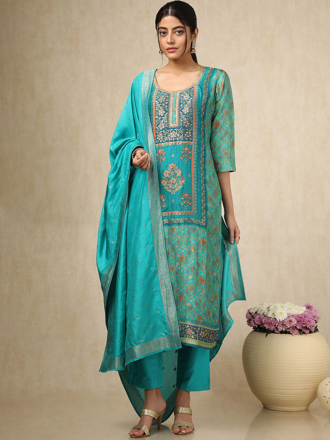 

Soch Floral Printed Sequinned Straight Kurta With Trousers And Dupatta, Turquoise blue
