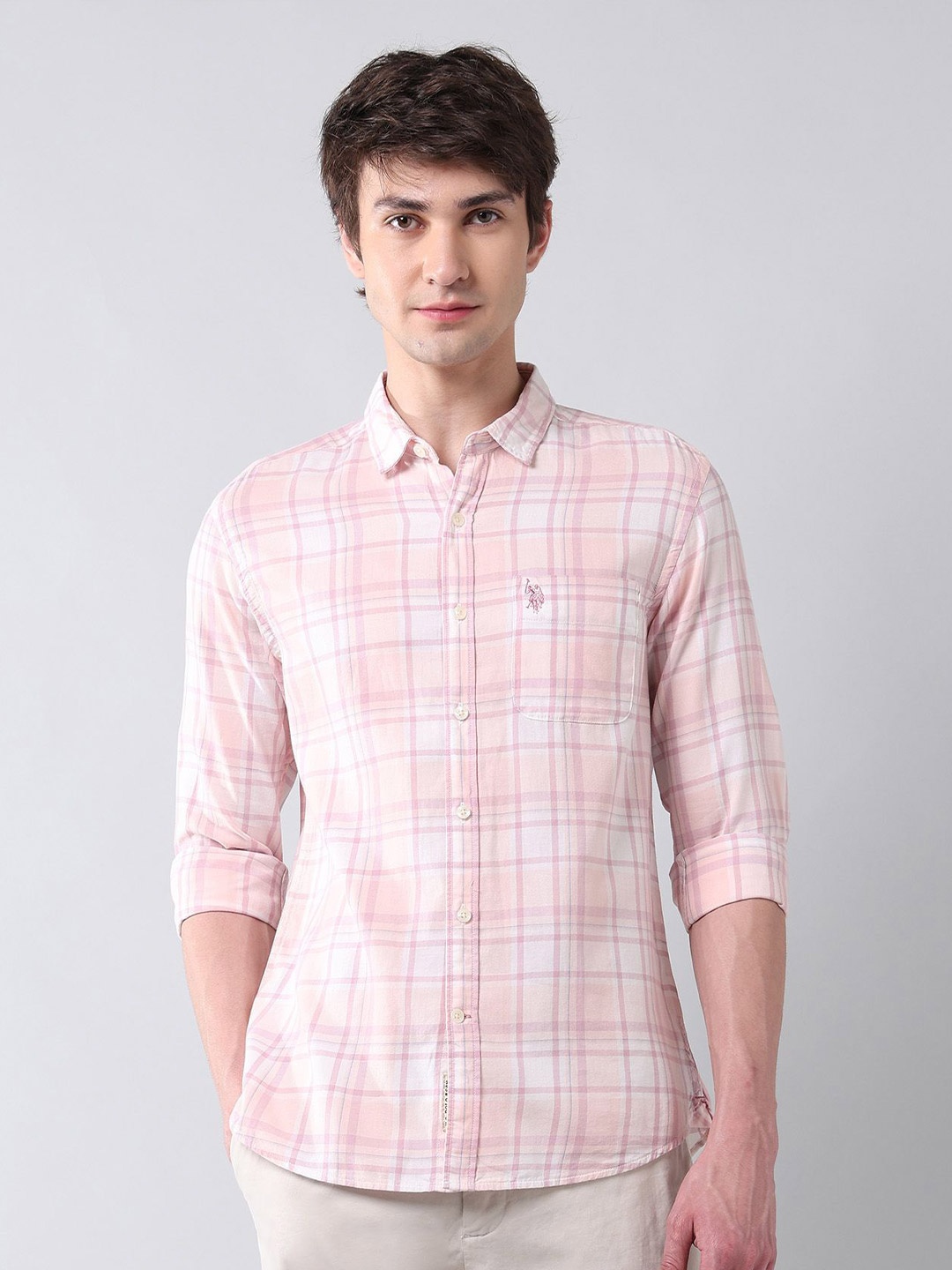 

U.S. Polo Assn. Denim Co. Men Classic Regular Fit Checked Cotton Casual Shirt, Pink