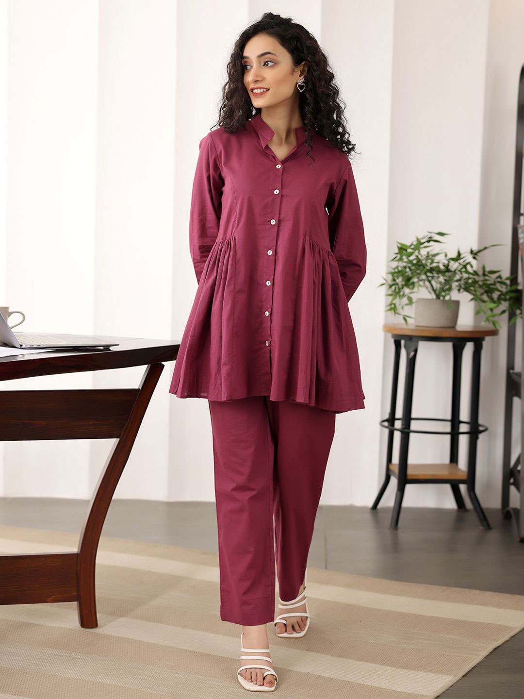 

Ambraee Mandarin Collar Pure Cotton A-Line Tunic With Trouser Co-Ords Set, Purple