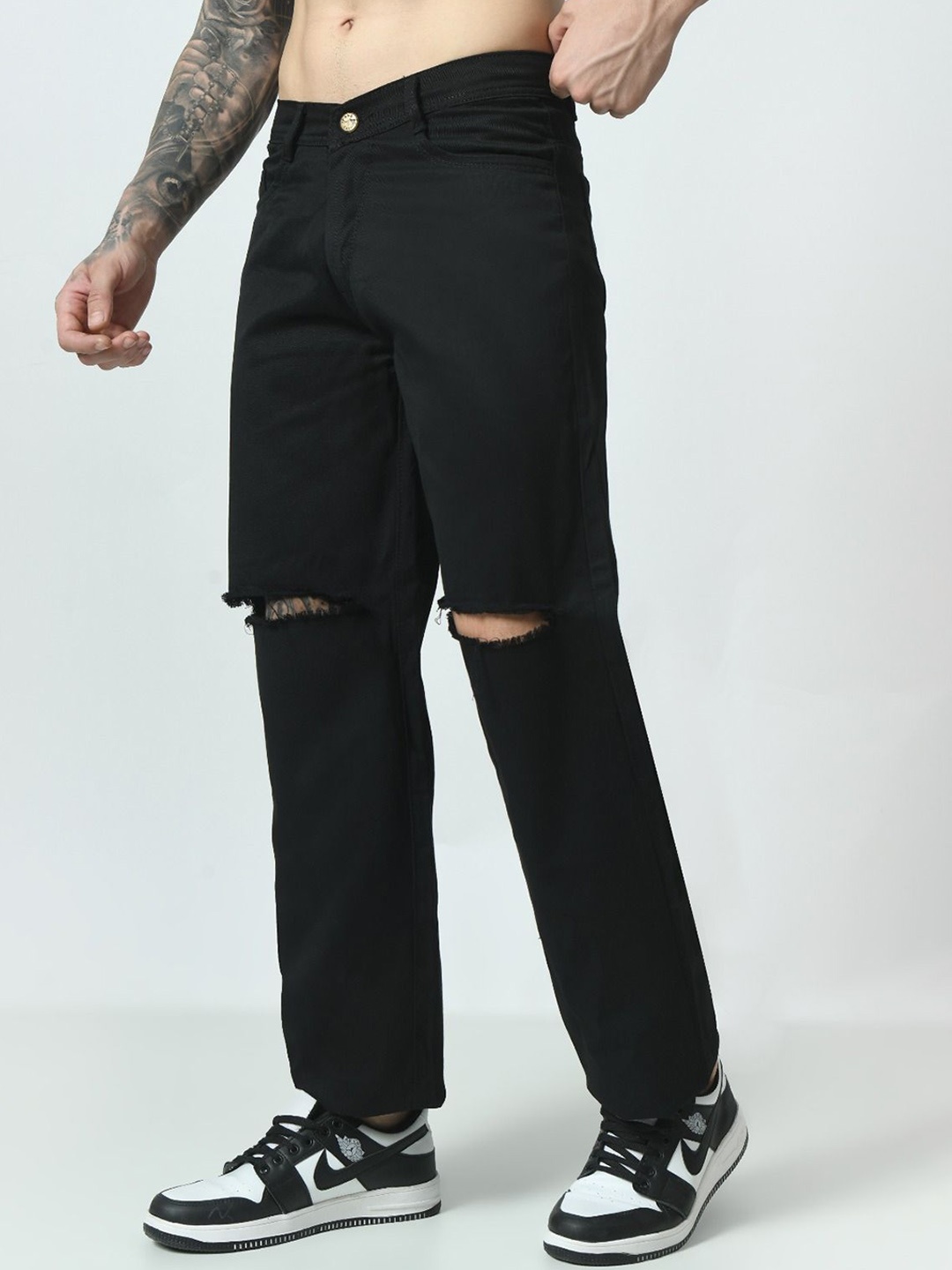 

LINARIA Men Cotton Relaxed Fit Slash Knee Jeans, Black