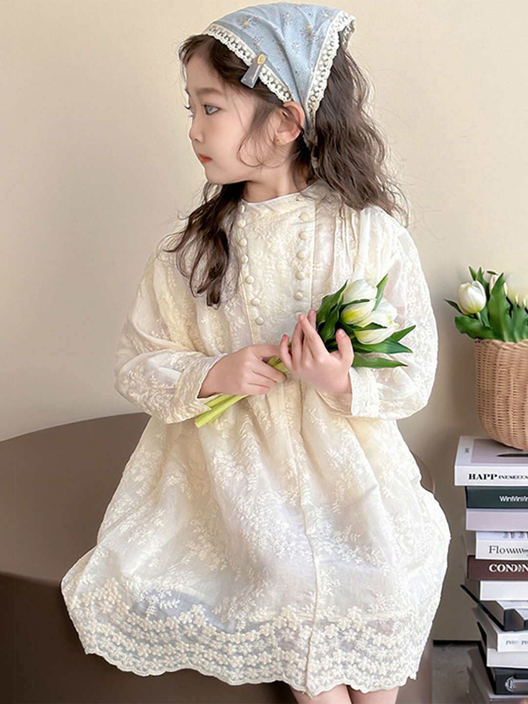 

LULU & SKY Girls Self Design Cuff Sleeve Fit & Flare Dress, Beige
