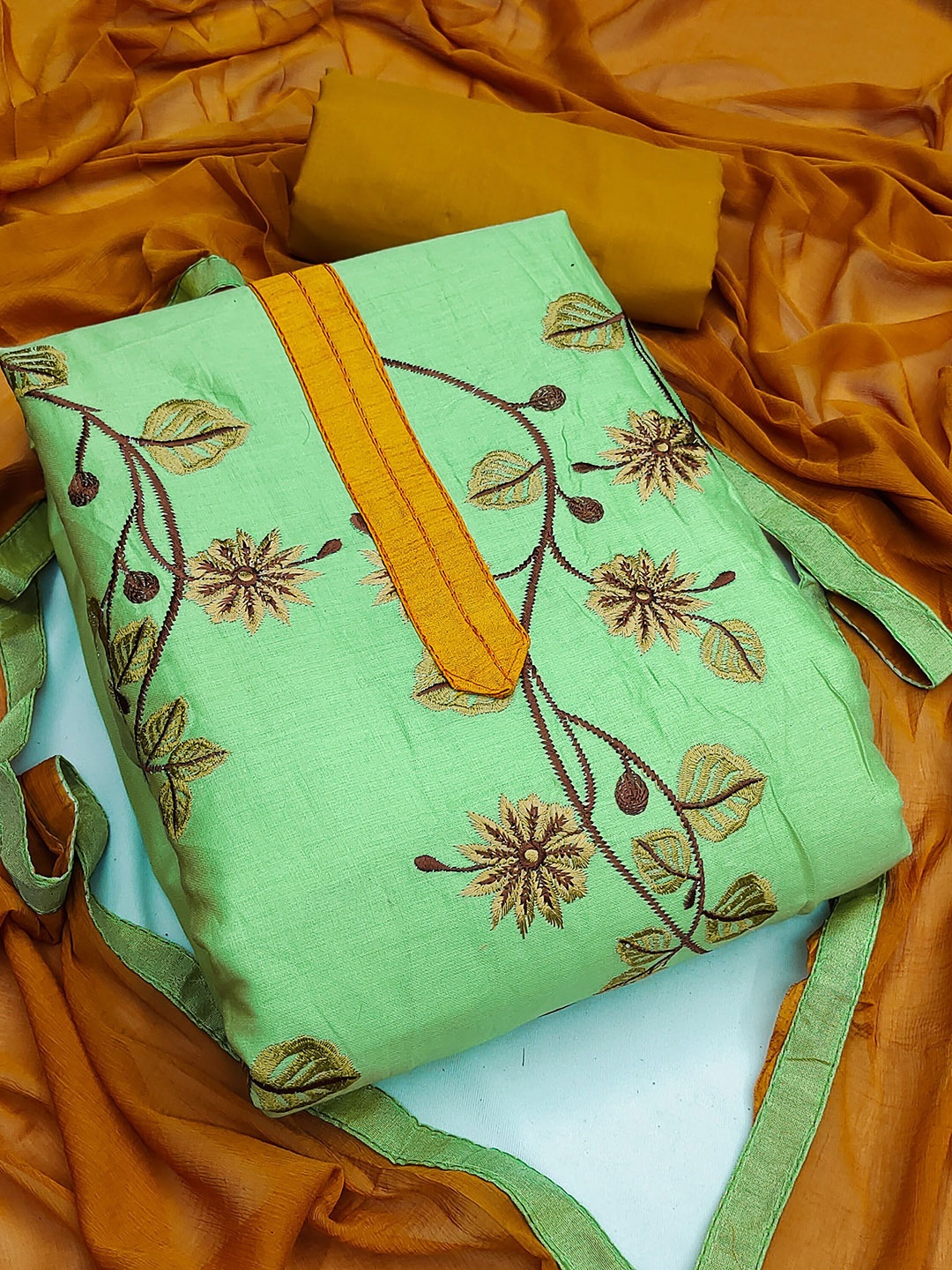 

HERE&NOW Embroidered Thread Work Cotton Unstitched Dress Material, Green