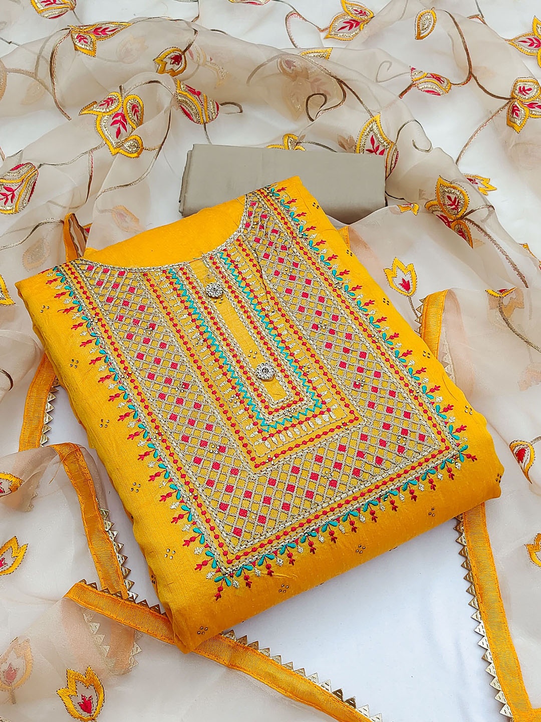 

HERE&NOW Floral Embroidered Zari Unstitched Dress Material, Yellow