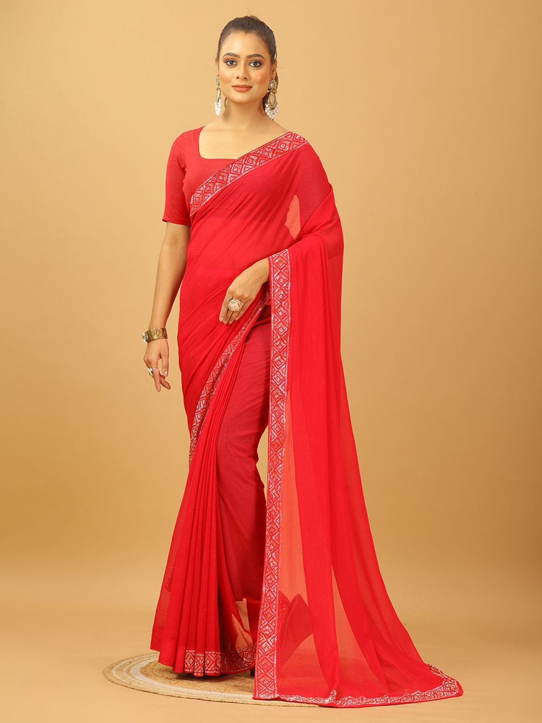 

VIRENDRA TEXTILES Beads and Stones Pure Chiffon Saree, Red