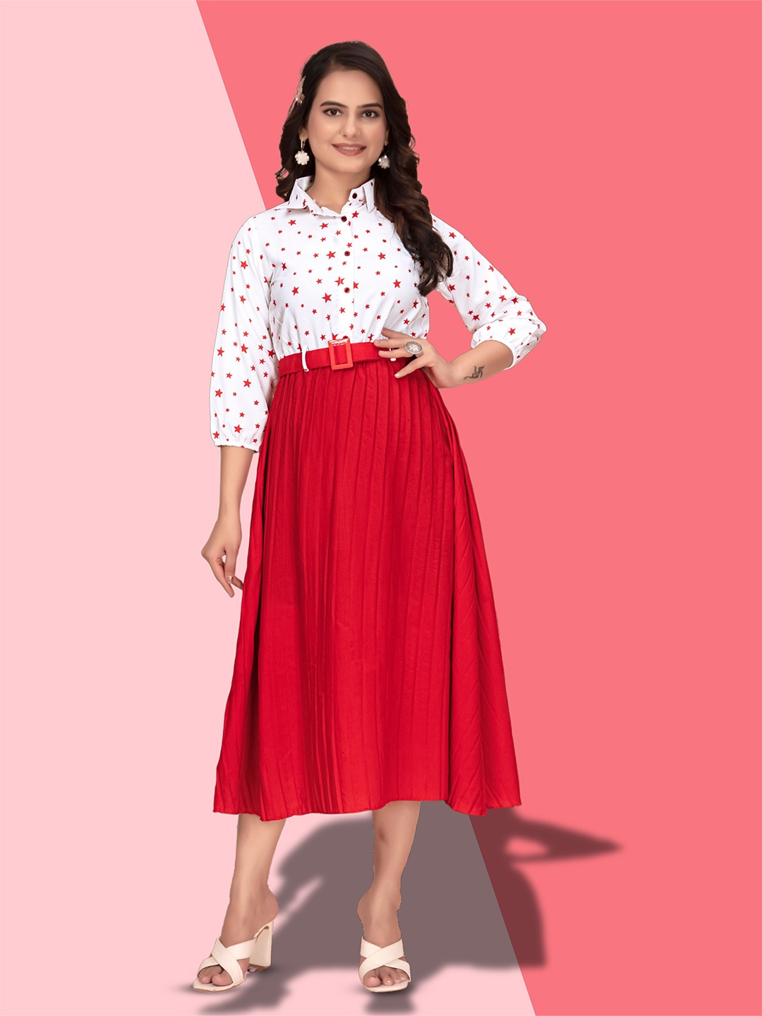

ZELZIS Women Shirt Collar Printed Accordion Pleats Puff Sleeves Red Fit and Flare Dress