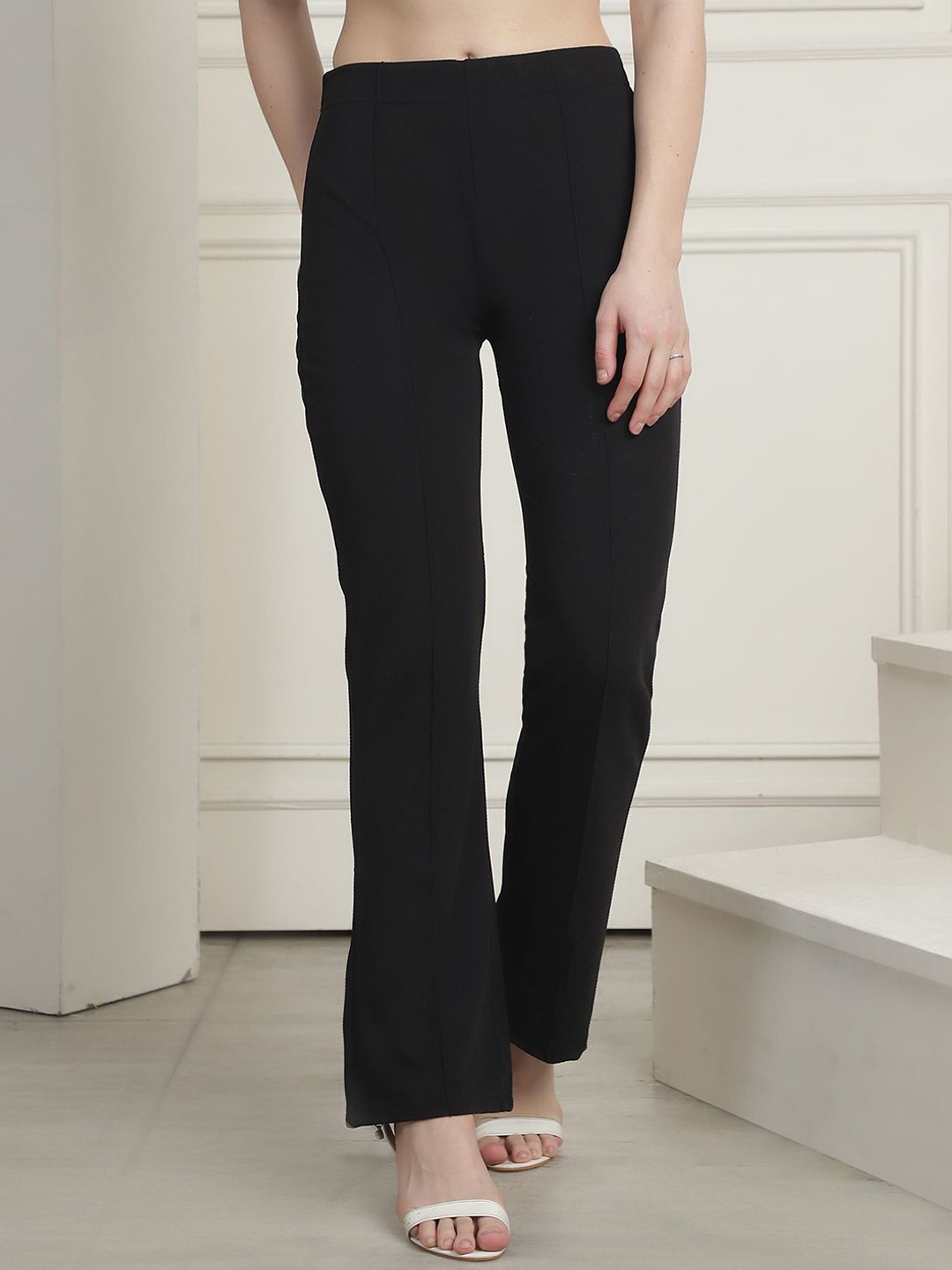 

Tromko Women Flared High-Rise Pleated Bootcut Trousers, Black