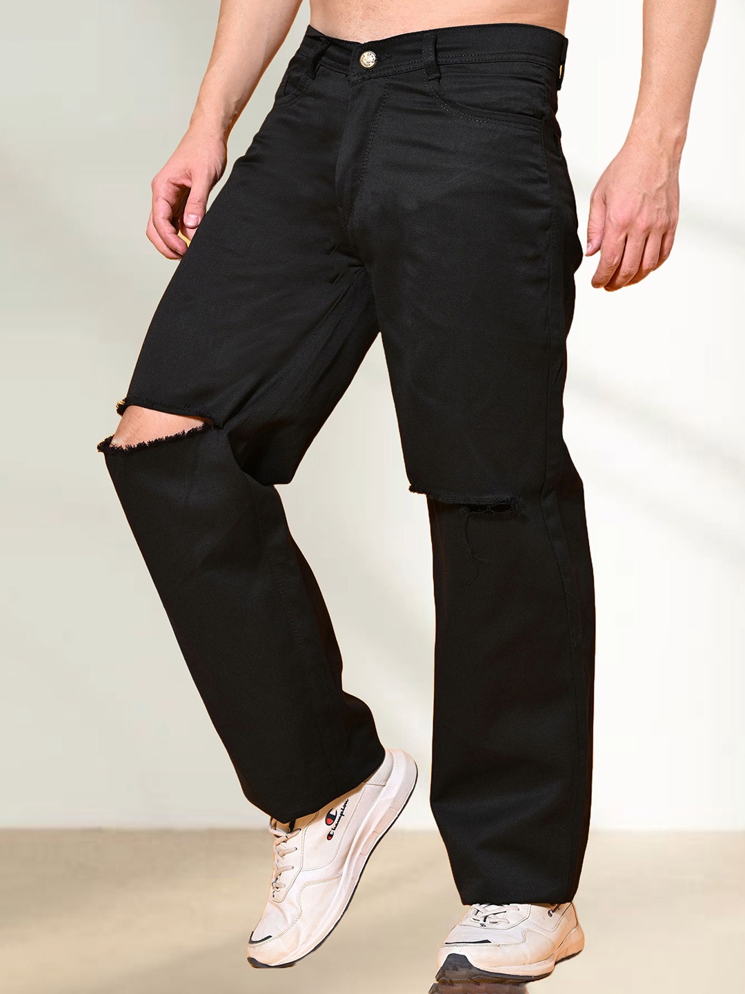 

LINARIA Men Cotton Classic Low-Rise Relaxed Fit Slash Knee Jeans, Black