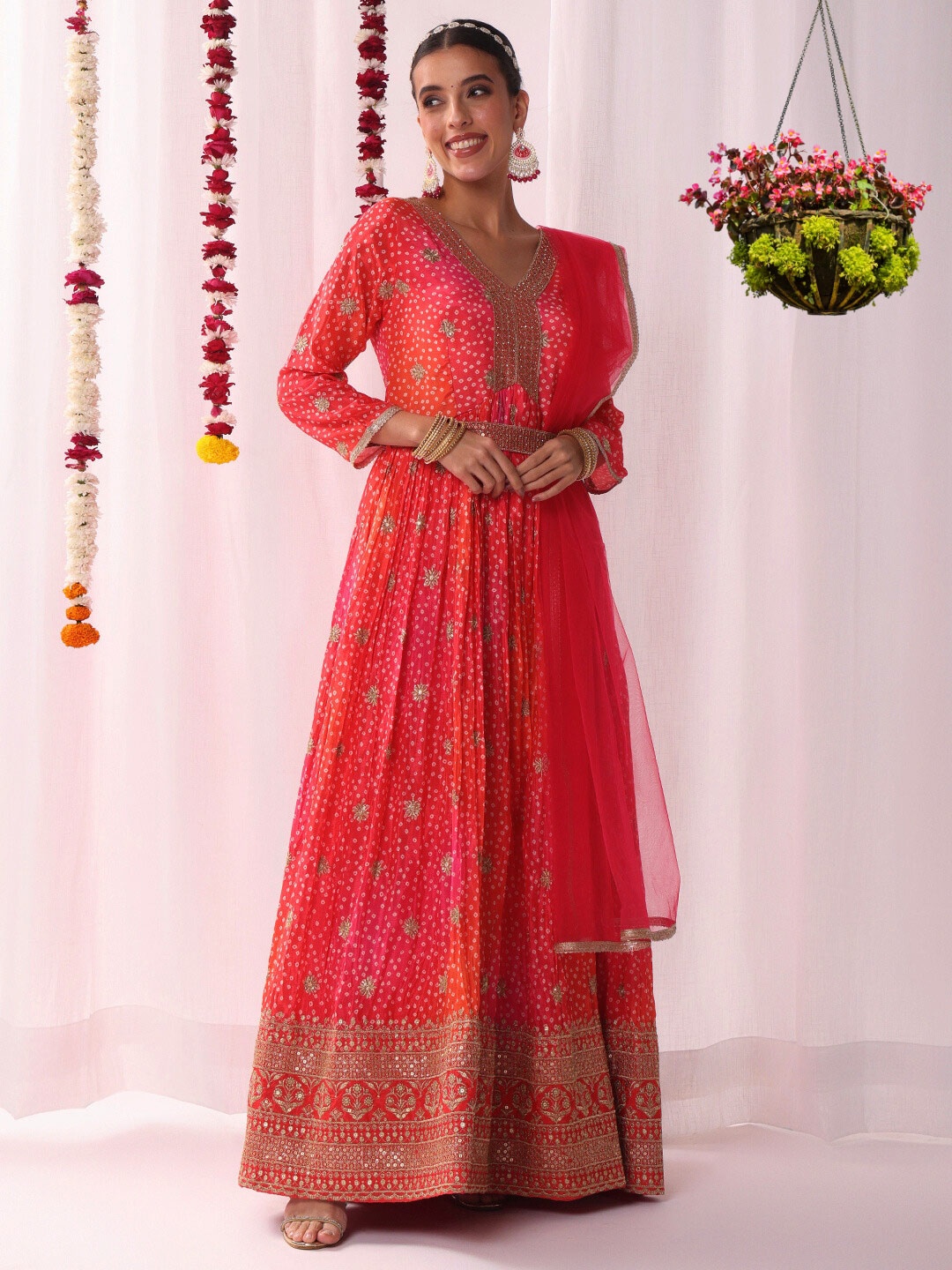 

Chhabra 555 Ethnic Motifs Fit And Flare Embellished Belt & Gota Patti Dupatta Dress, Coral