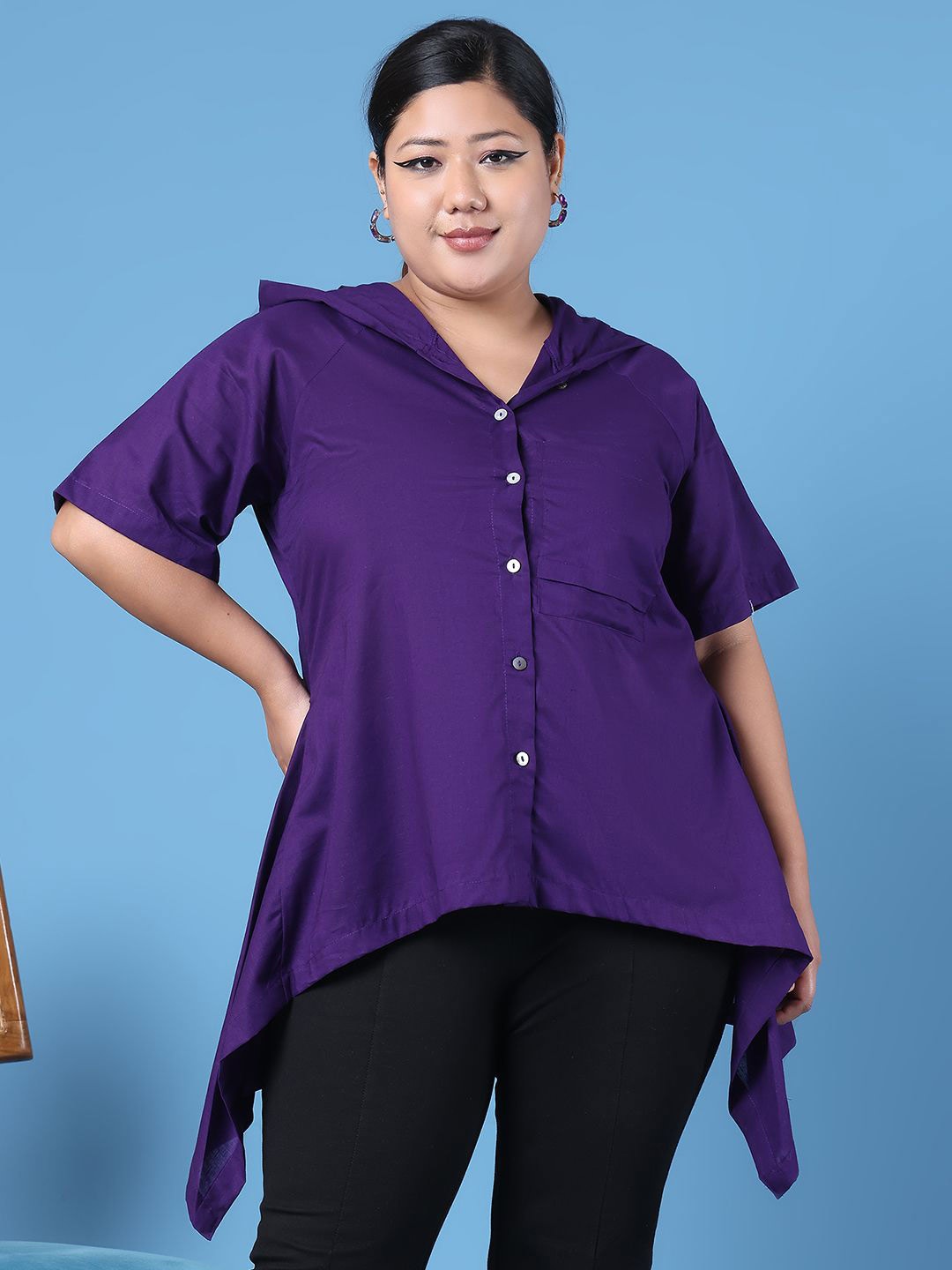 

TheRebelinme Women Hooded Raglan Sleeves Asymmetric Hem Top, Purple