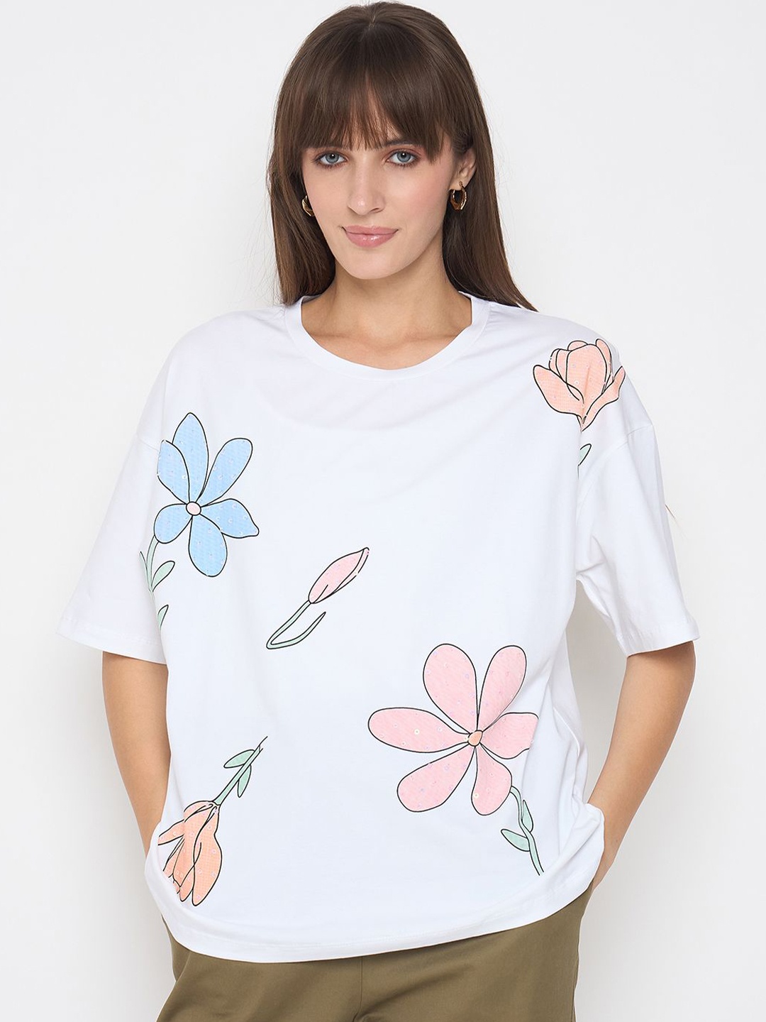 

Madame Women Floral Printed Boxy Top, White