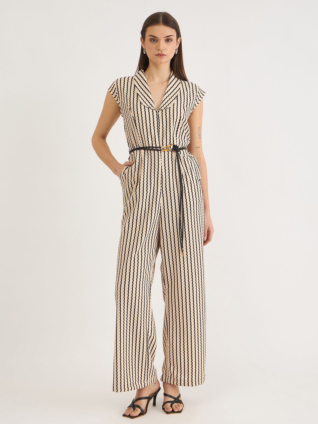 

ELLE Women Striped Pure Cotton Basic Jumpsuit, Beige