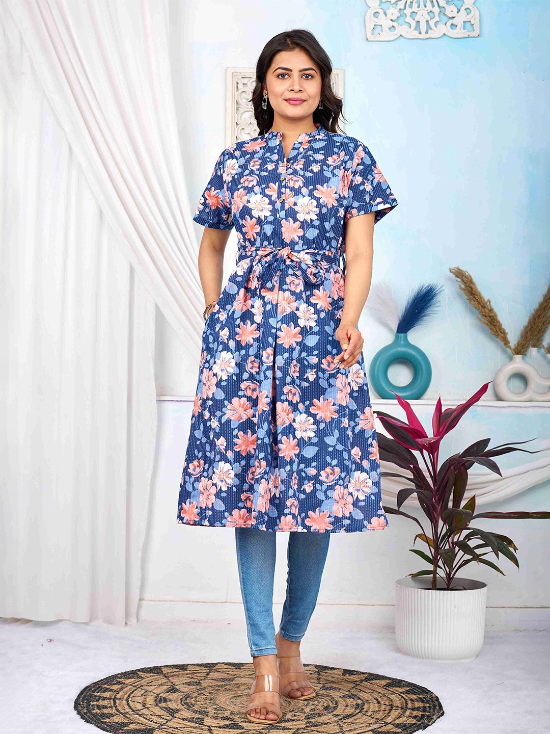 

MissKurti Women Floral Printed Cotton Fit and Flare Dress, Blue