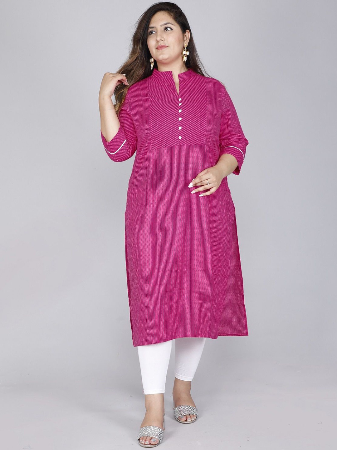 

Gs Fashions Plus Size Striped Woven Design Mandarin Collar Straight Pure Cotton Kurta, Pink