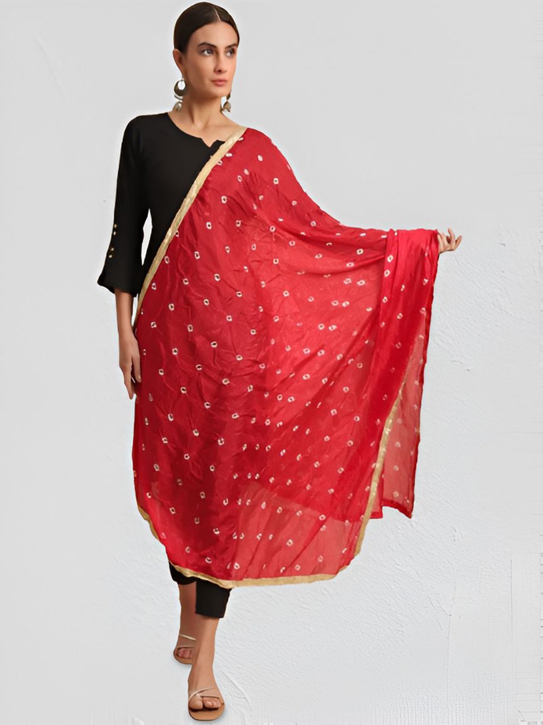 

LOOM LEGACY Bandhani Printed Gotta Patti Chiffon Dupatta, Red