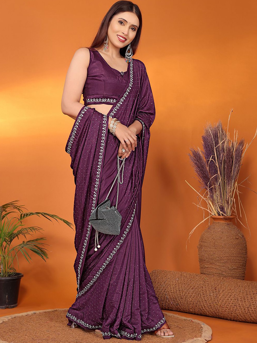 

FABMORA Embellished Beads and Stones Satin Saree, Purple